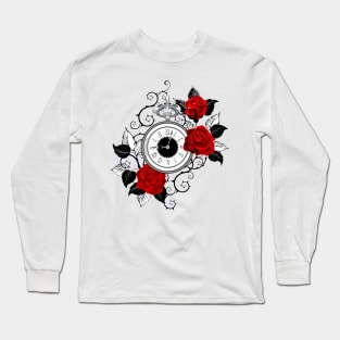 Contour Clock with Red Roses Long Sleeve T-Shirt